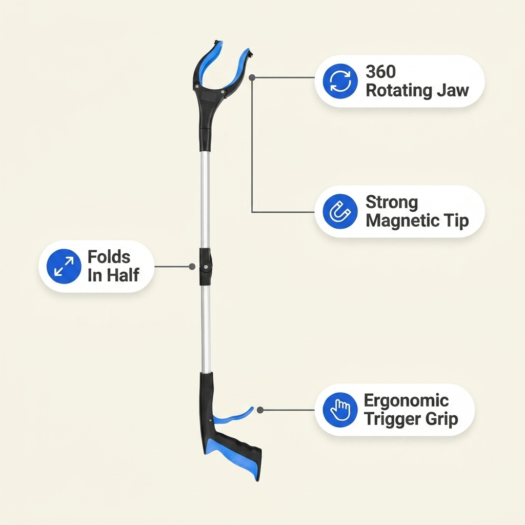 Grip360 features: 360 rotating jaw, magnetic tip, ergonomic grip, folds in half